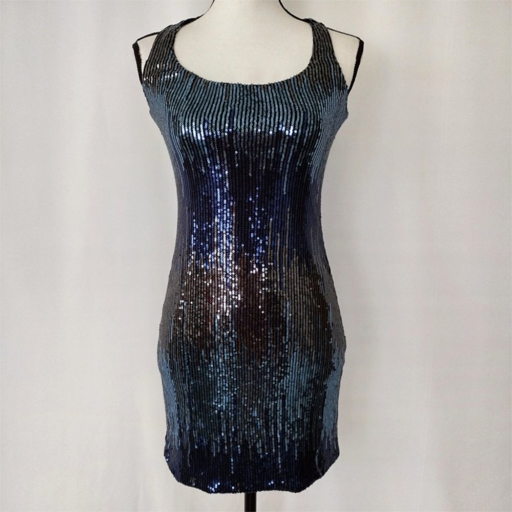 Blue Sequin Ombre Sleeveless Mini Bodycon Party Dress